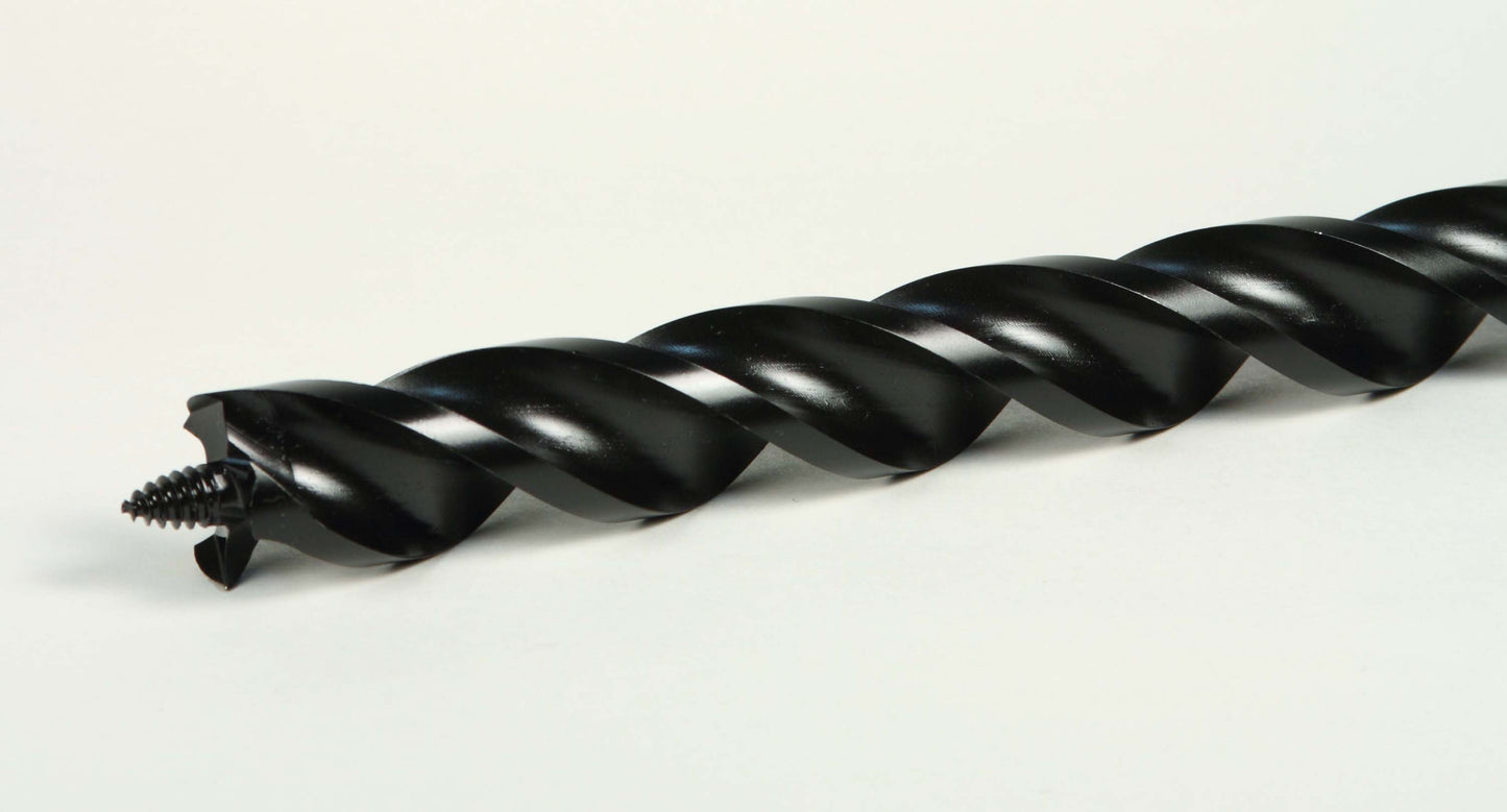 A black spiral wood drill bit with a threaded screw tip, shown diagonally on a clean white background.