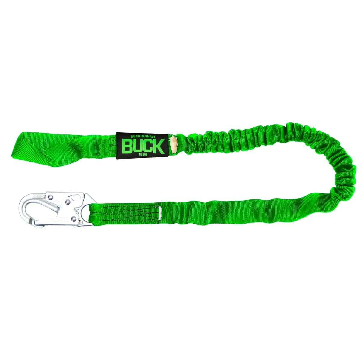 Green safety lanyard with a carabiner on a white background
