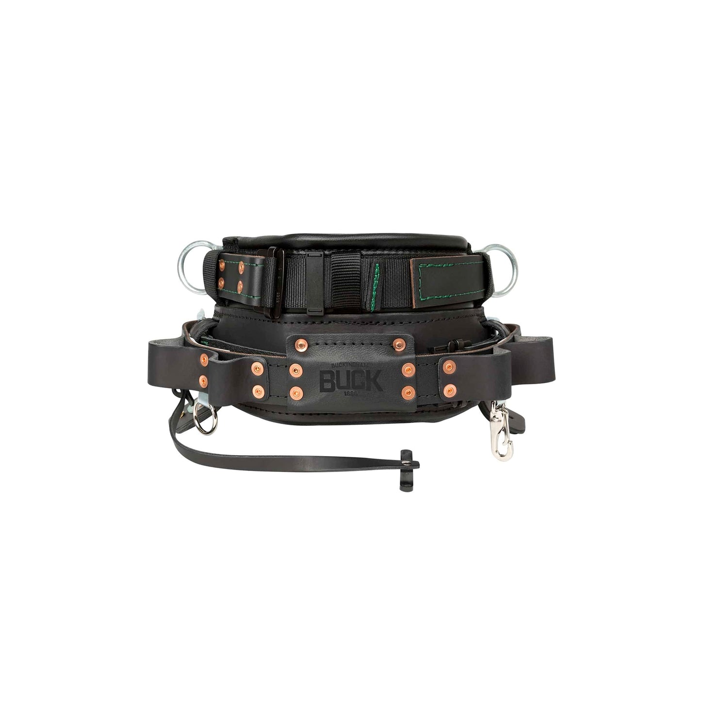 Black leather lineman’s or arborist’s positioning belt with a padded waist section, adjustable webbing strap, multiple metal D-rings, tool attachment loops, and hardware for carrying safety equipment. Copper-colored rivets reinforce the leather components, and a black embossed “BUCK 1896” logo is centered on the back panel. The belt is displayed against a plain light gray background.