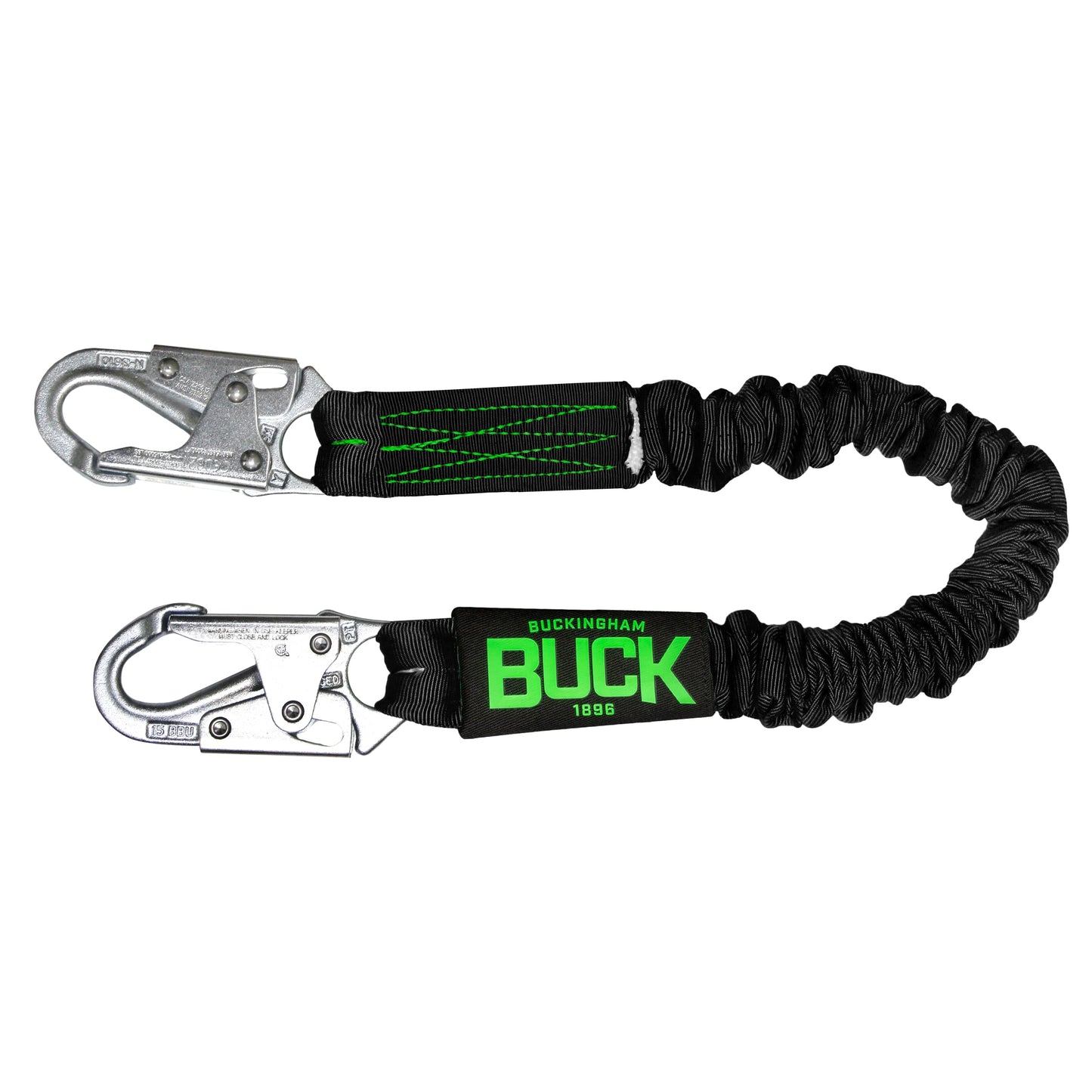 Elastic shock-absorbing safety lanyard with two silver self-locking snap hooks connected by a black webbing strap, displayed against a light gray background. The lanyard features an integrated energy absorber covered by a black sleeve with bright green “BUCK” and “Buckingham 1896” branding, along with green stitching accents. Designed as a fall-protection component for utility, construction, and climbing applications.