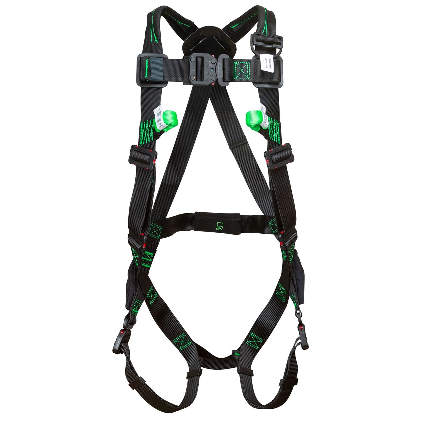Black full-body safety harness with adjustable shoulder, chest, waist, and leg straps. The harness features a central chest buckle, green stitching accents, and padded sections near the shoulders and hips, shown against a light gray background.