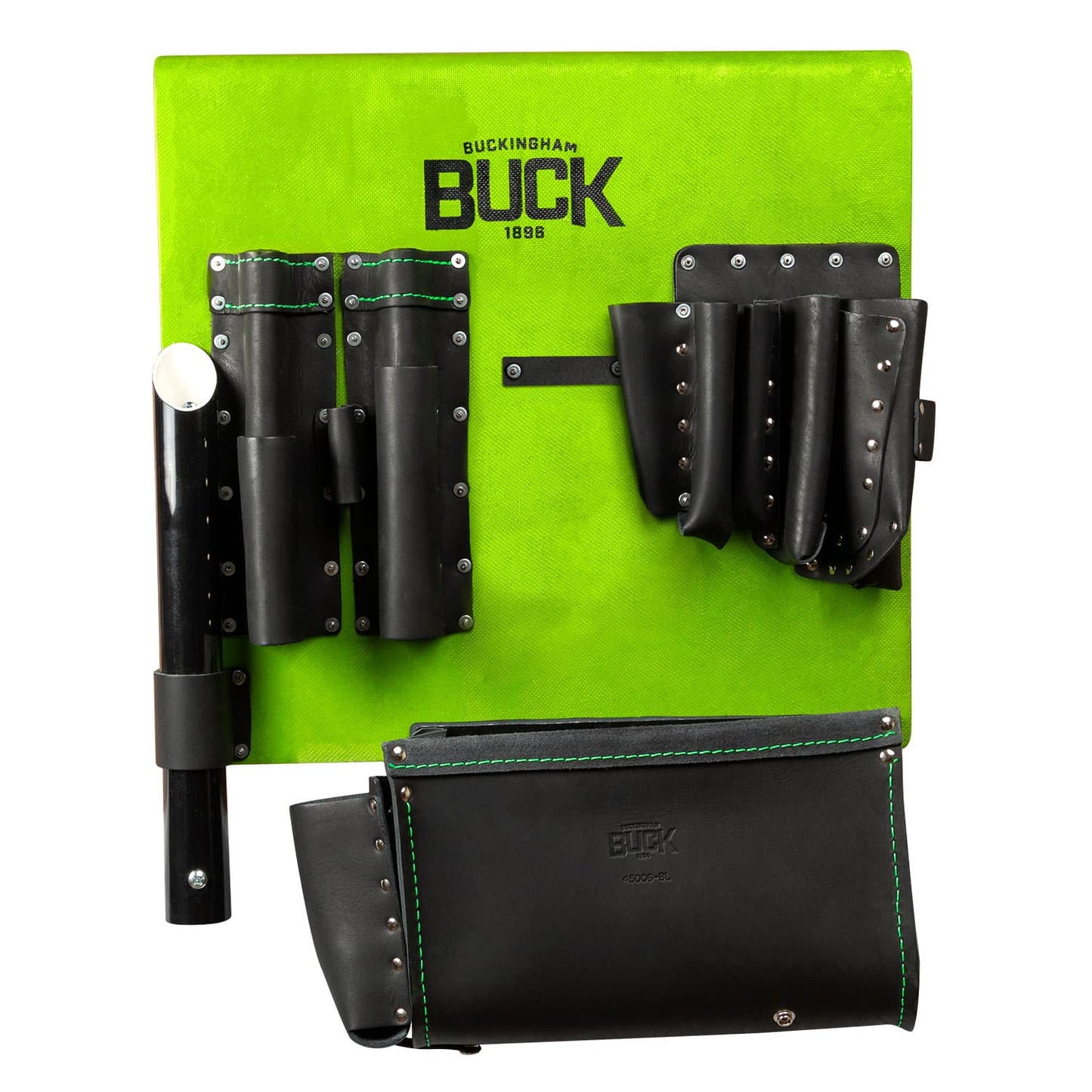 Bright green tool organizer panel with multiple black leather tool holders and pouches attached to the front. The panel displays the "Buckingham BUCK 1866" logo near the top center. Several cylindrical tool sleeves, a larger multi-pocket holder, and a detachable black storage pouch with green stitching are mounted on the panel. The product is shown against a light gray background.