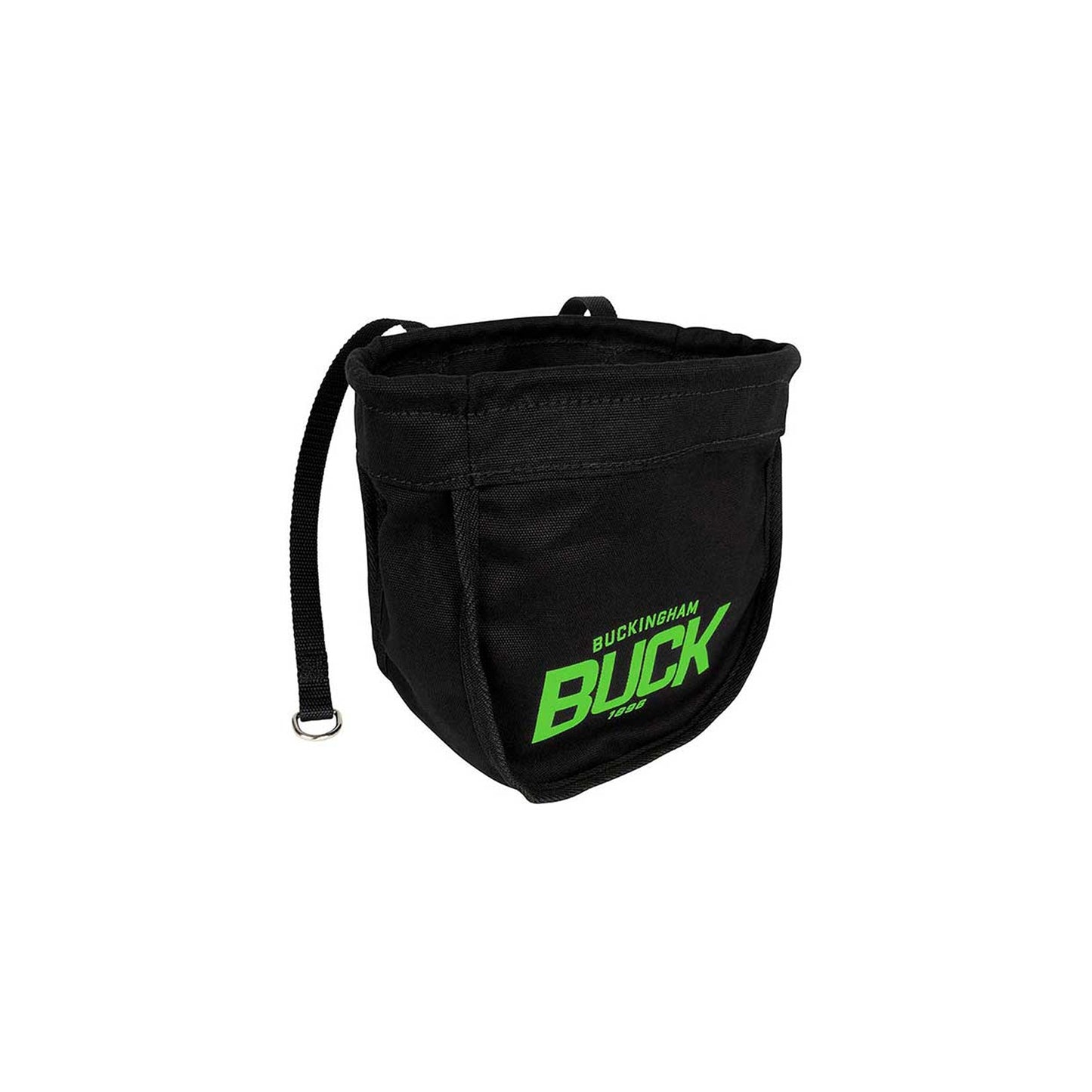 Black canvas tool pouch with a wide open-top compartment, reinforced seams, and an adjustable hanging strap with a metal D-ring. A bright green “BUCKINGHAM BUCK 1896” logo is printed on the front pocket. The pouch is shown at an angle against a plain light gray background.