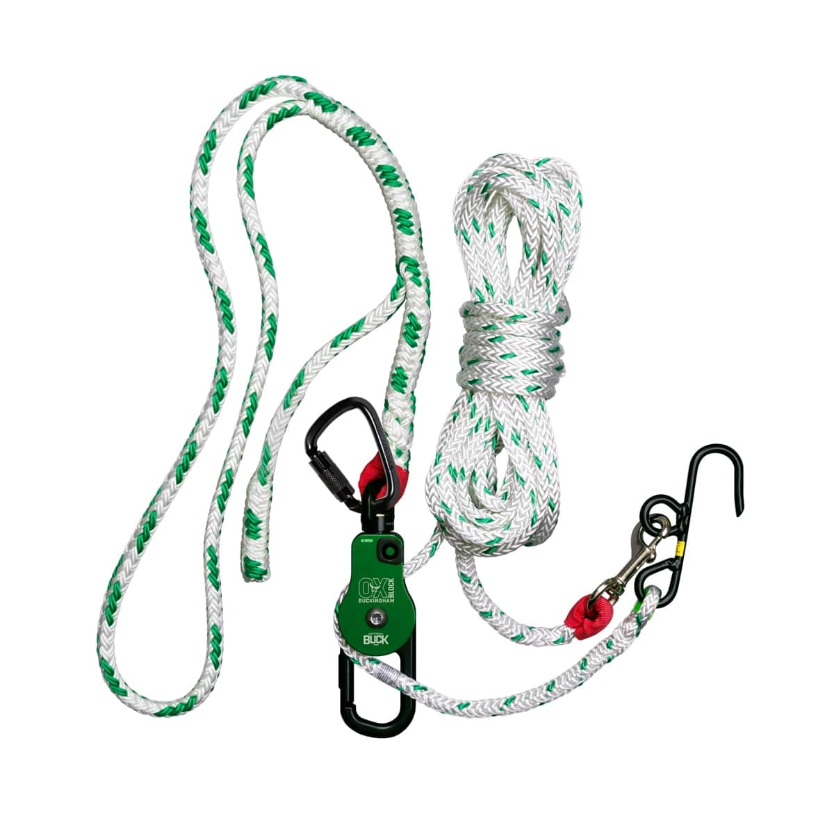 A climbing rope accessory set featuring a coiled white rope with green stripes, a green quick-release carabiner, and black metal hooks on a plain white background.