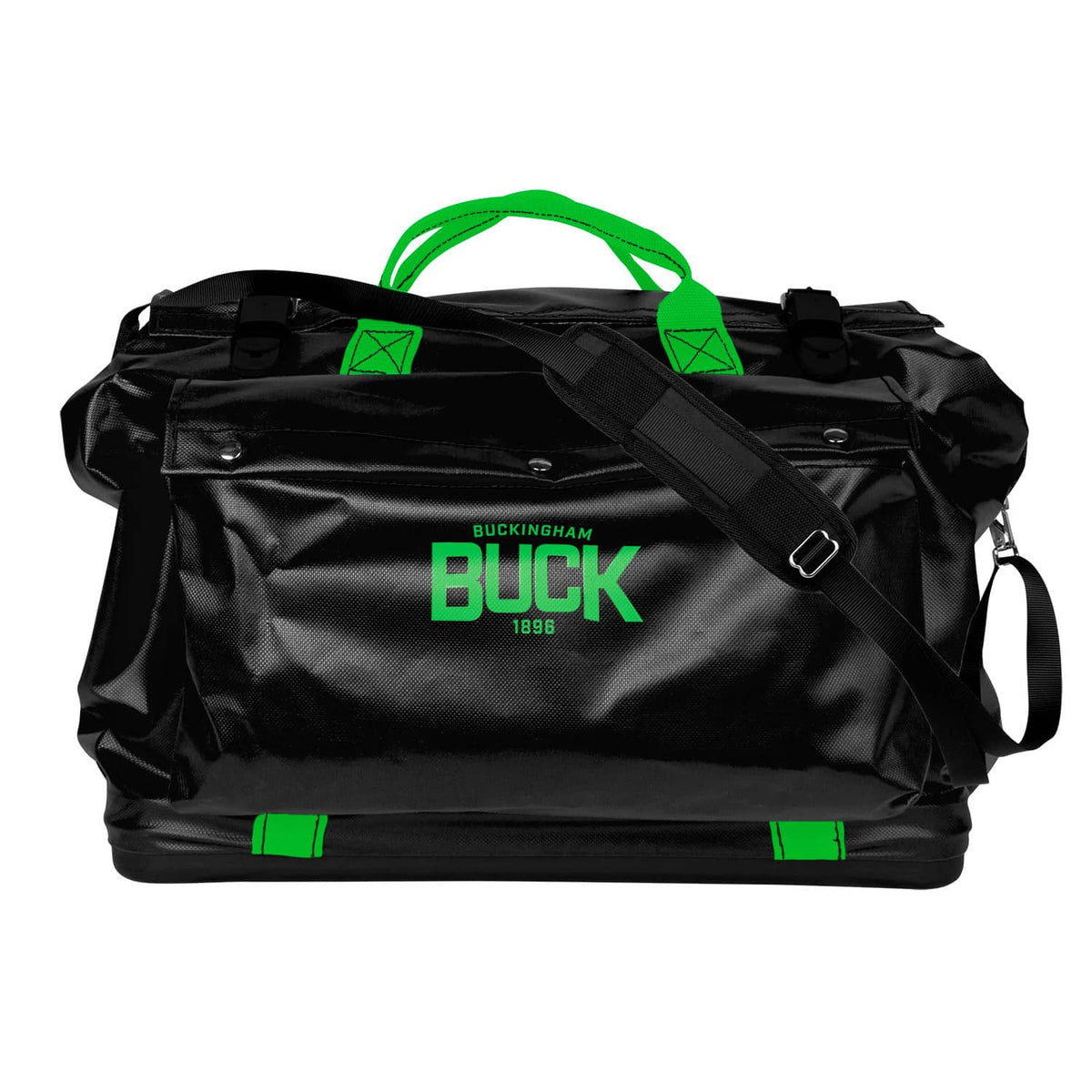 Large black waterproof-style gear bag displayed on a light gray background. The bag features bright green carrying handles, a black adjustable shoulder strap crossing the front, and green branding on the front pocket that reads “Buckingham BUCK 1896.” The bag has a rugged, glossy material with reinforced stitching, snap-secured front pocket flap, and green accent straps visible along the bottom edge. Metal hardware and attachment points are visible on the sides, emphasizing the bag’s heavy-duty construction