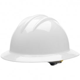 White hard hat safety helmet shown in side view against a light gray background. The helmet has a smooth, glossy shell with a wide brim and visible ridges on top. A small black attachment or device is mounted underneath the brim near the front.