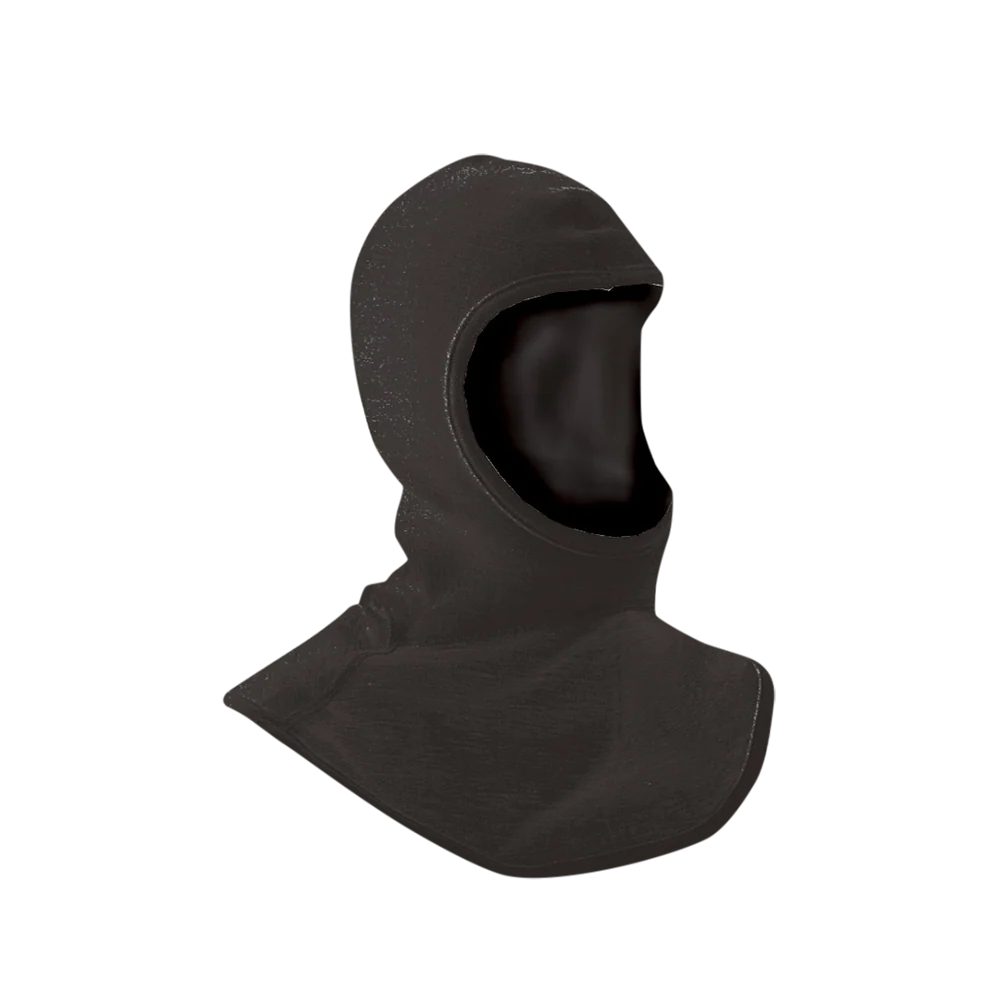 Black protective hood or balaclava-style head covering with a large face opening and extended shoulder-length neck drape. The hood is displayed on a mannequin head and shown against a transparent checkered background. The material appears smooth and lightweight, designed to provide head, neck, and shoulder coverage.