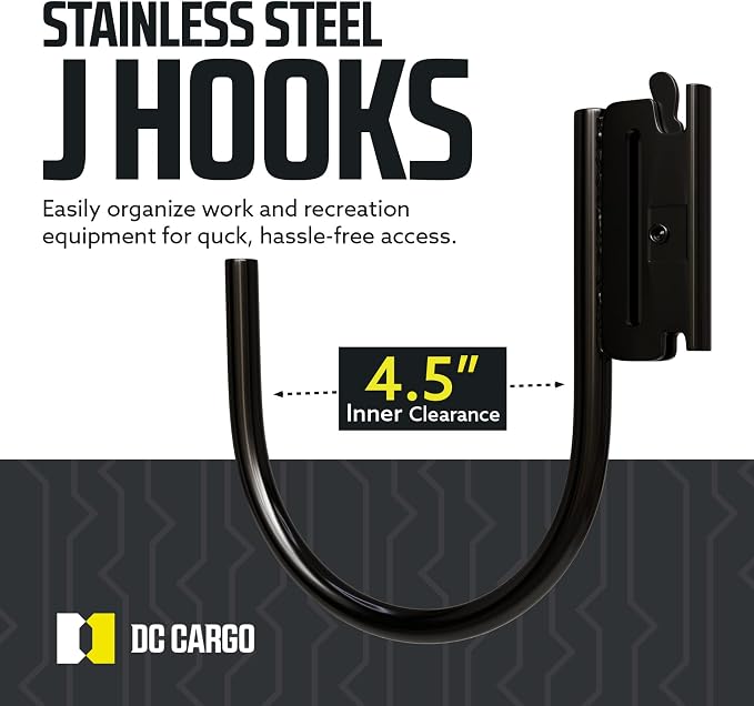 Powder-coated steel J hooks with 4.5" inner clearance on a white background, featuring DC Cargo logo.