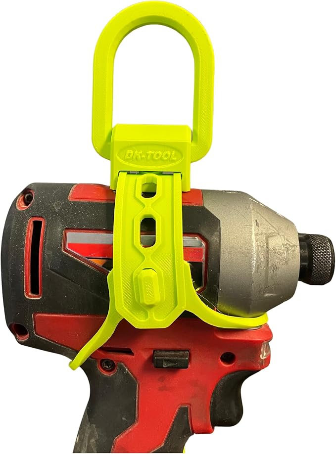 Bright green DR-TOOL cordless tool hanger securely attached to a red and black impact driver. The flexible holder wraps around the tool body and features an integrated carry loop at the top for hanging from hooks, belts, or jobsite storage systems. Shown on a light gray background.