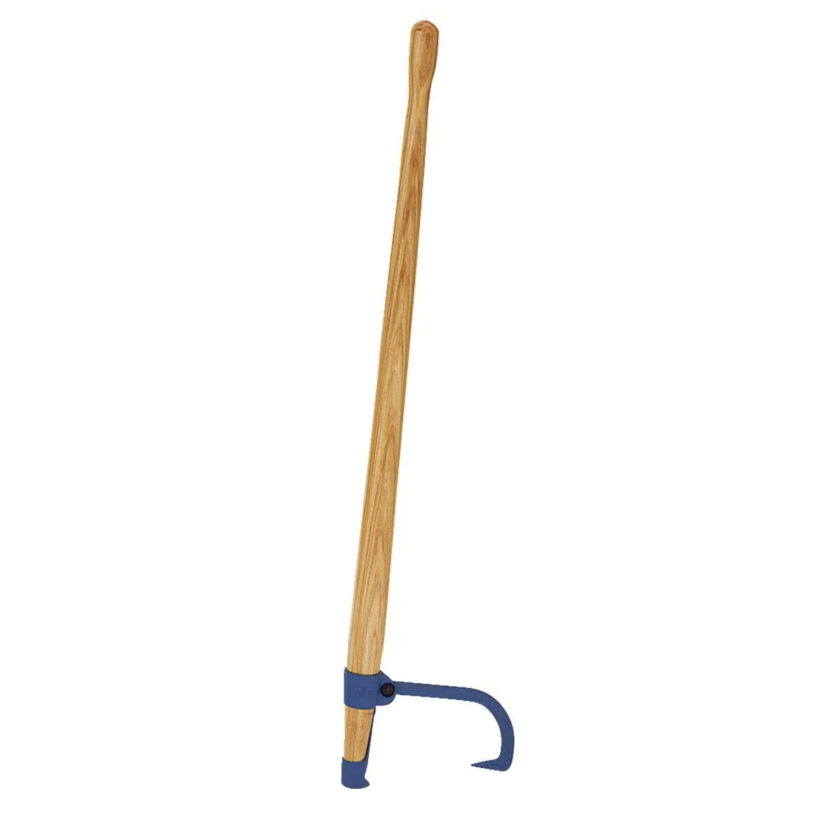 Long wooden-handled utility tool with a blue metal hook attached near the lower end. The tool features a curved hook and a small foot-like support at the base, and is shown upright against a light gray background. The natural wood grain of the handle is visible.