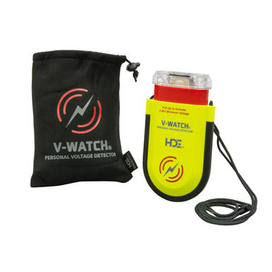 HD Electric V-Watch personal voltage detector shown alongside a matching black drawstring storage pouch. The detector features a high-visibility yellow and black housing with a red top beacon, wrist lanyard, and V-Watch logo on the front. The black pouch is printed with the V-Watch logo and the words “Personal Voltage Detector.” Both items are displayed on a light gray background.