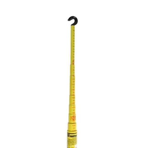Yellow fiberglass telescoping measuring stick with measurement markings along its length and a black hook attachment at the top, displayed vertically against a light gray background. The pole consists of multiple extendable sections and is designed for measuring height, clearance, or distance in utility and industrial applications.