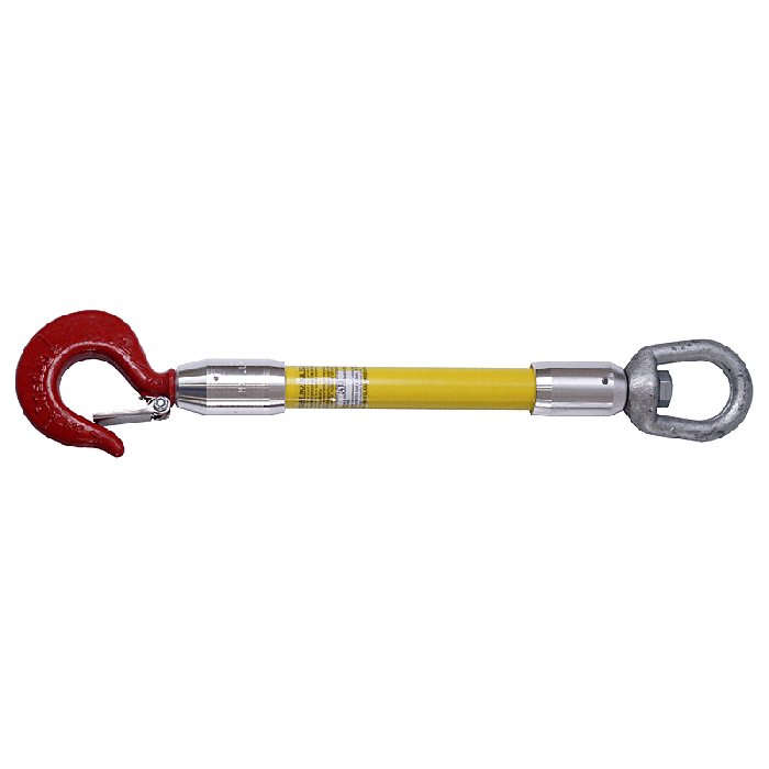 "Close-up of a fiberglass insulated load-break or hot-stick lifting device featuring a yellow fiberglass handle with a red steel hook on one end and a galvanized swivel eye on the other. The tool is shown horizontally against a white background."