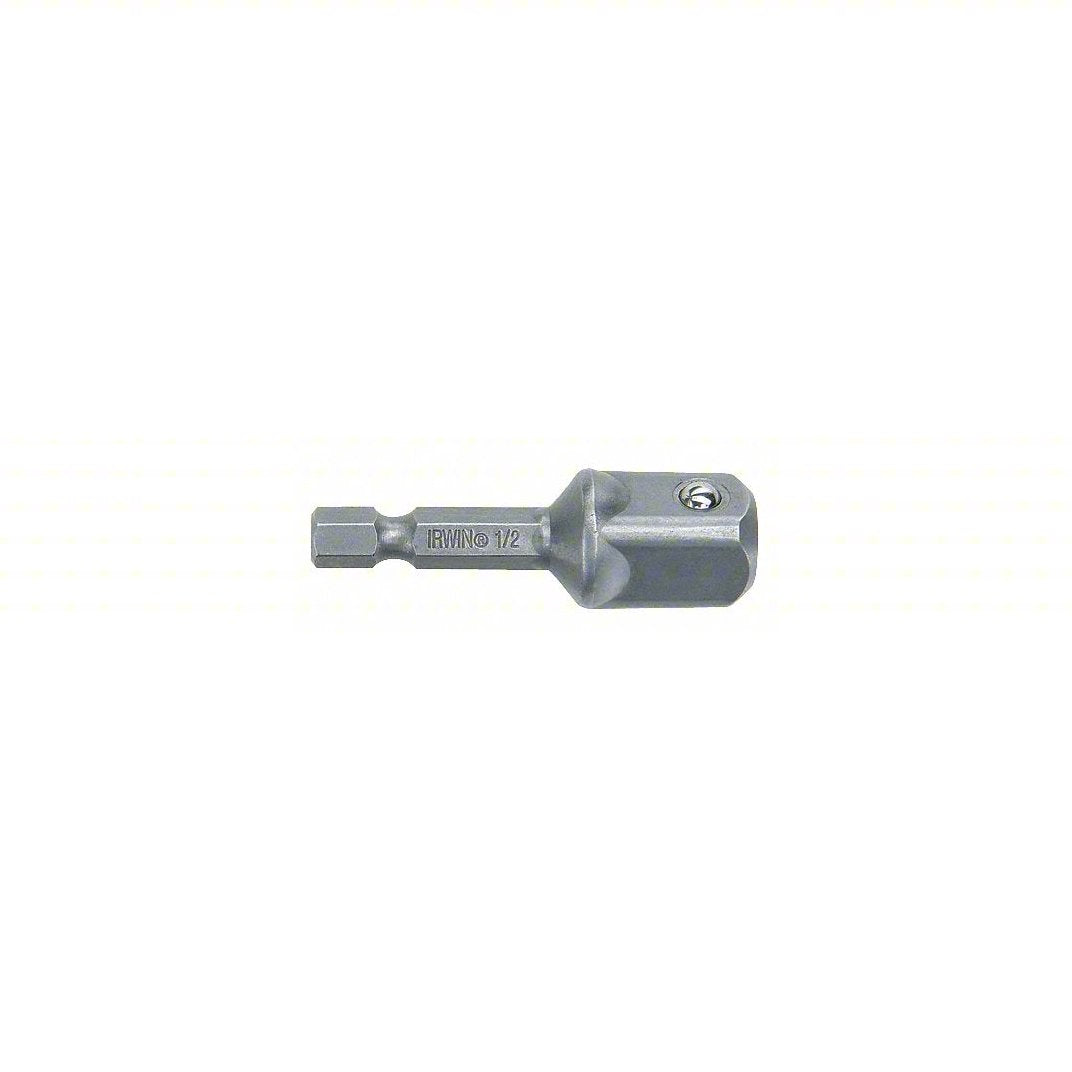 Silver-colored impact socket adapter featuring a hexagonal quick-change shank on one end and a 1/2-inch square drive with a retaining ball on the other. The adapter is displayed horizontally on a plain white background. The marking 'IRWIN® 1/2' is visible on the shaft