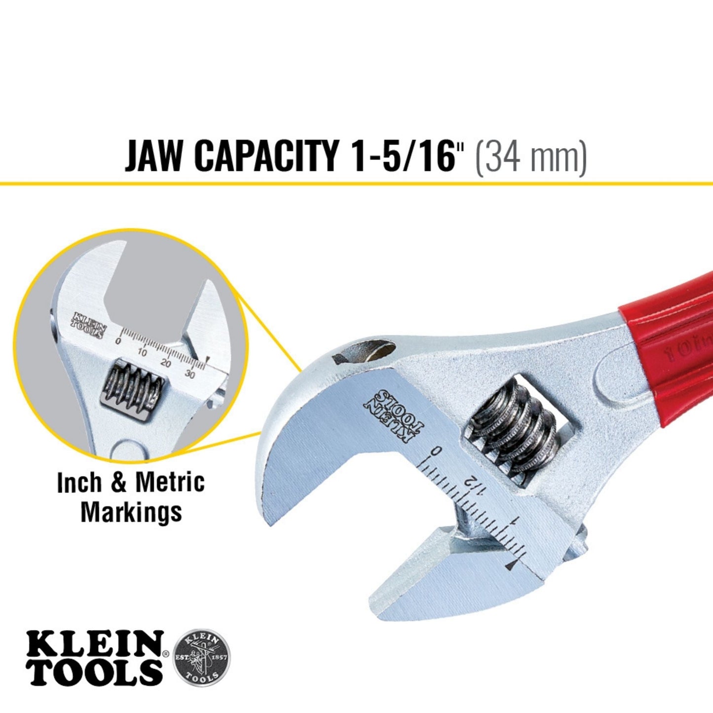 Klein Tools adjustable wrench with jaw capacity 1-5/16" (34 mm) on a white background