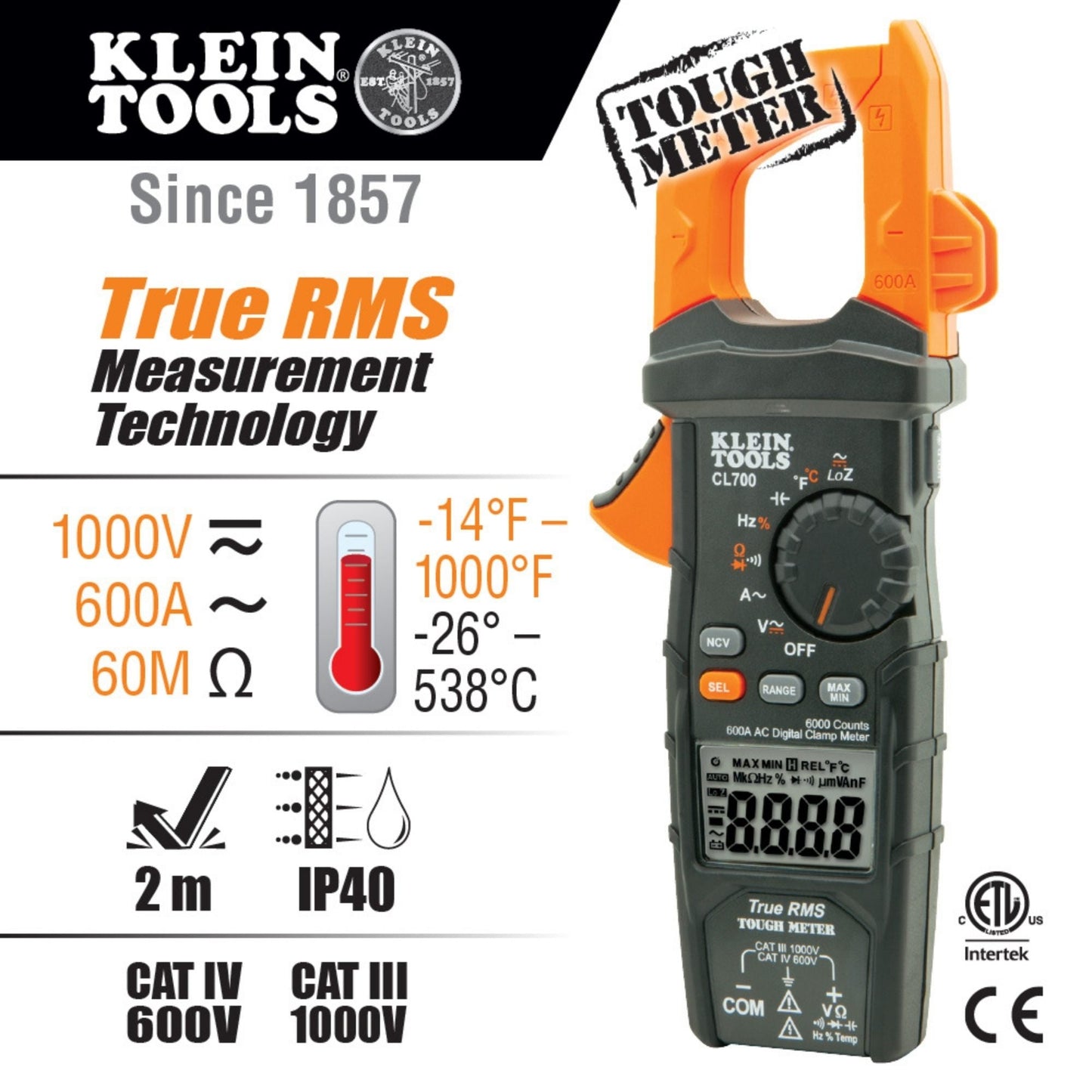 Klein Tools - Digital Clamp Meter, AC Auto-Ranging TRMS, Low Impedance (LoZ) infograph