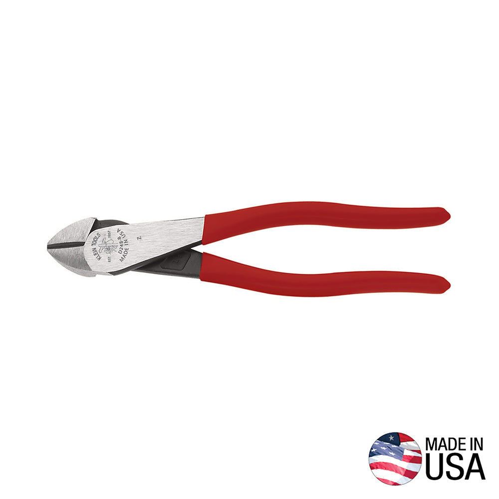 Side-cutting pliers with polished steel jaws and red ergonomic handles, shown in a closed position against a light gray background. The tool is oriented horizontally, with manufacturer markings visible on the metal head.