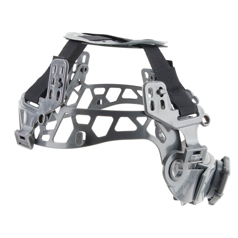 Gray industrial safety helmet suspension system displayed on a light gray background. The assembly features a lightweight gray plastic framework with multiple vented support bands and black adjustable webbing straps across the top. Attachment points and adjustment mechanisms are visible on both sides, along with a rear ratchet-style size adjustment dial for a secure fit. The suspension is designed to fit inside a hard hat, providing head support, impact absorption, and customizable sizing for workplace safe