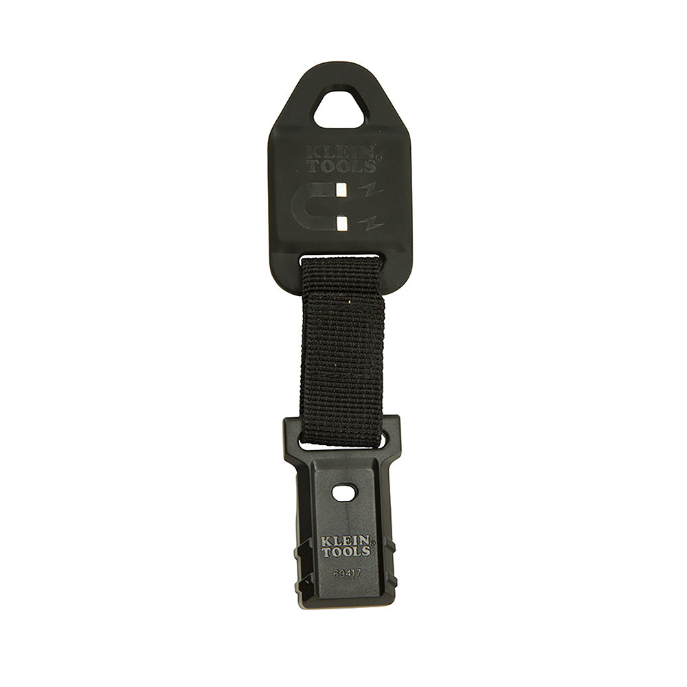 Klein Tools magnetic tool holder featuring a black molded mounting tab with a hanging hole, a woven nylon strap, and a lower plastic clip attachment. The upper section displays a magnet icon and Klein Tools branding, while the lower clip is marked with the Klein Tools logo and model number 69417. Shown isolated on a light gray background.
