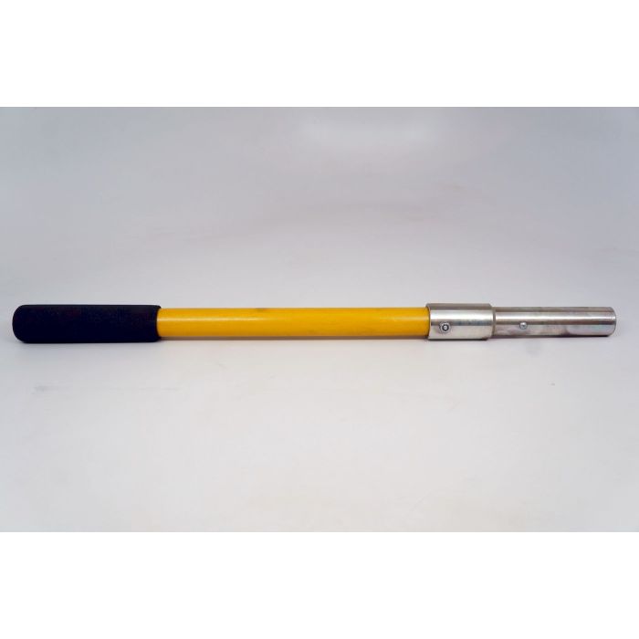Extension tool handle with a yellow fiberglass shaft, black rubber grip, and silver metal coupling end, displayed horizontally against a light gray background. The tool features a padded handle on one side and a cylindrical metal attachment fitting on the other for connecting utility or line maintenance tools.