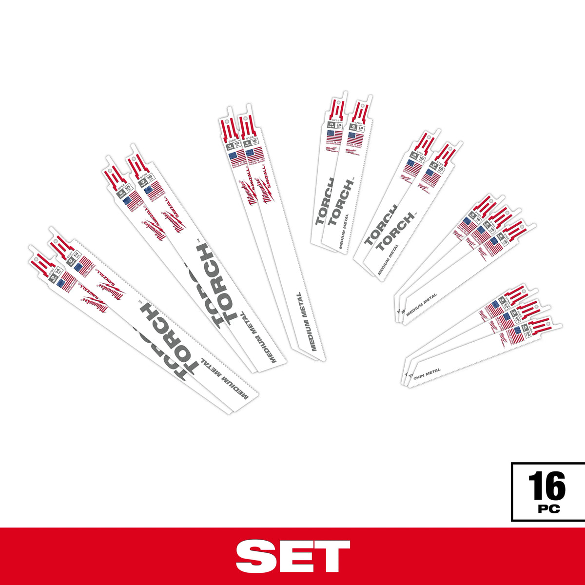 Set of 16 Milwaukee TORCH reciprocating saw blades arranged in groups on a light gray background. The white blades feature red Milwaukee branding, American flag graphics, and black text indicating applications such as “Thin Metal,” “Medium Metal,” and “Medium Metal+.” The blades vary in length and tooth configuration to accommodate different cutting tasks. A red banner along the bottom displays the word “SET,” and a black-and-white label in the lower-right corner indicates “16 PC.”