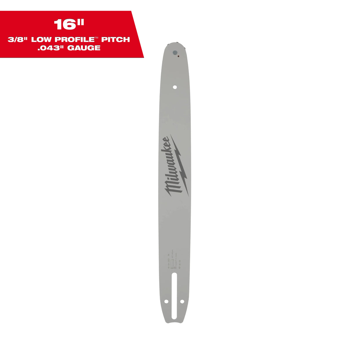 Gray chainsaw guide bar displayed vertically on a light gray background. The guide bar features the Milwaukee logo and lightning bolt graphic printed in dark gray along the center. Several mounting and lubrication holes are visible near both ends of the bar. In the upper-left corner, a red label contains the text: “16" 3/8" Low Profile™ Pitch .043" Gauge.” The slim guide bar is shown front-facing, highlighting its elongated shape and mounting slot near the base.