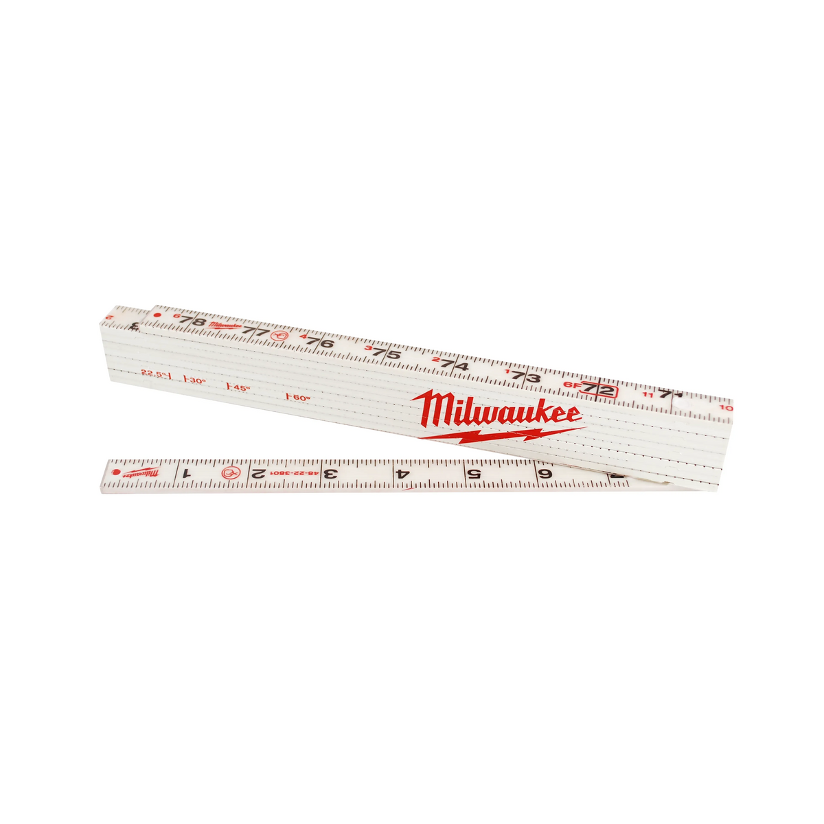 White folding ruler displayed partially extended on a light gray background. The ruler features black measurement markings and numerals with red accent text and graphics, including a large red Milwaukee logo with lightning bolt design across the side. Visible measurement scales run along the top and bottom edges, with markings extending from 1 to 8 inches on the unfolded section. Additional red reference markings and angle indicators are printed on the ruler segments.