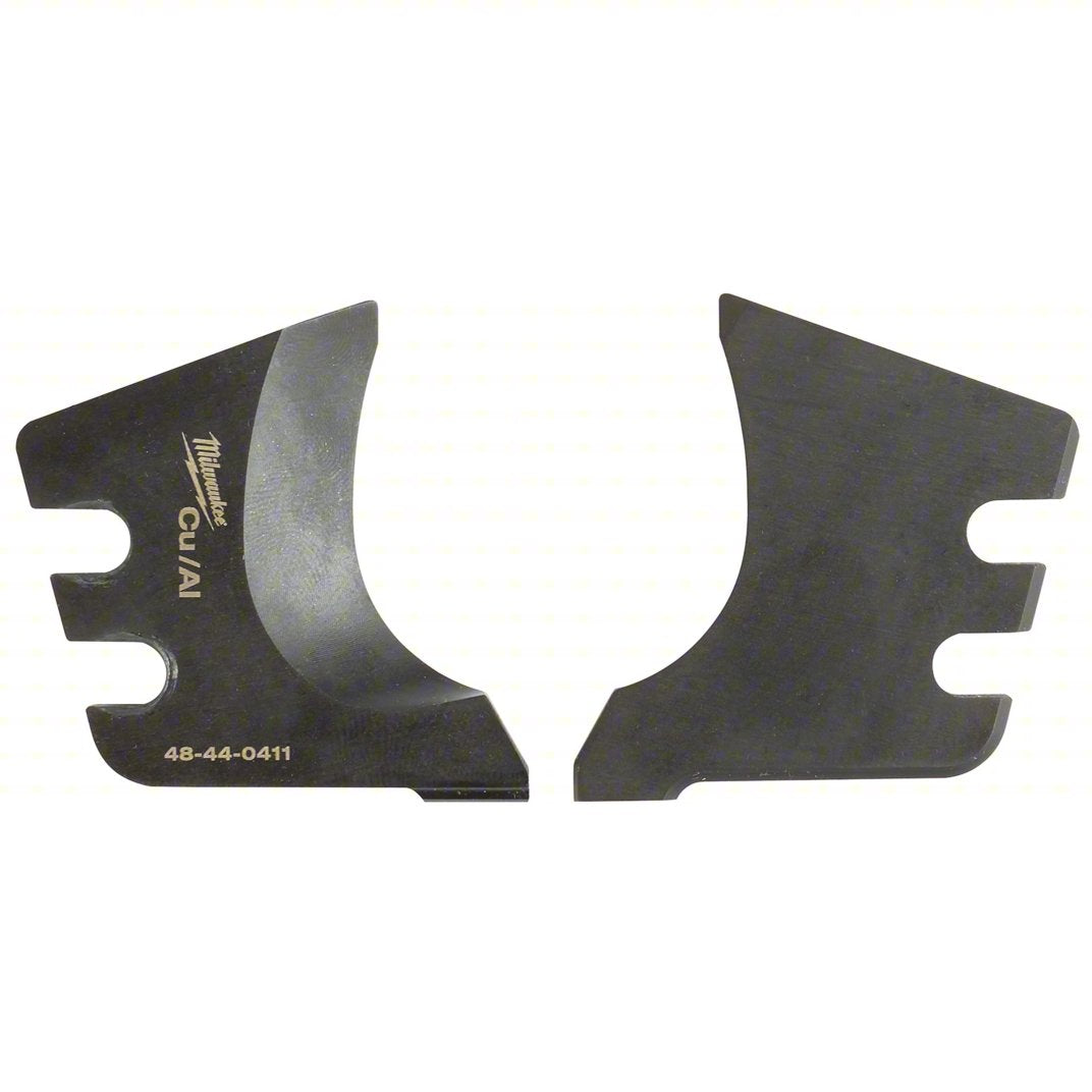 Two black metal cutting blade inserts displayed side by side on a light gray background. Each insert features a curved cutting edge and slotted openings on the sides for mounting. One insert is marked with the Milwaukee logo, “CUTAI,” and part number “48-44-0411.”