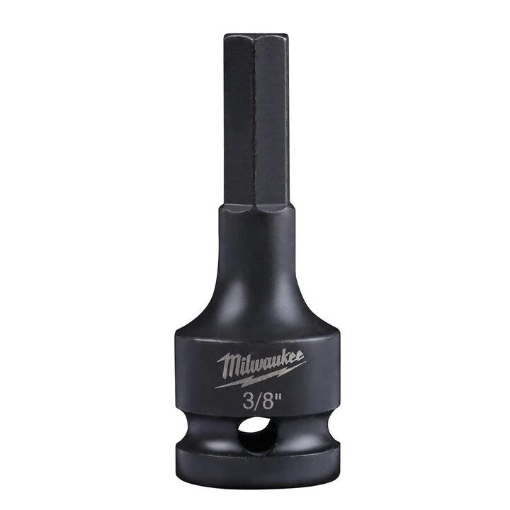 Milwaukee impact hex bit socket with a black oxide finish and a 3/8-inch hex drive tip. The impact-rated socket features a heavy-duty cylindrical body with a retaining pin hole near the base and is marked with the Milwaukee logo and “3/8".” Shown isolated on a light gray background.