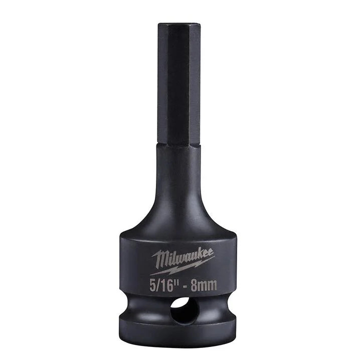 Milwaukee impact hex bit socket featuring a black oxide finish and a 5/16-inch (8 mm) hex drive tip. The socket has a deep, heavy-duty impact-rated body with a through-hole for retaining pins, and is marked with the Milwaukee logo and “5/16" - 8mm.” Shown isolated on a light gray background.