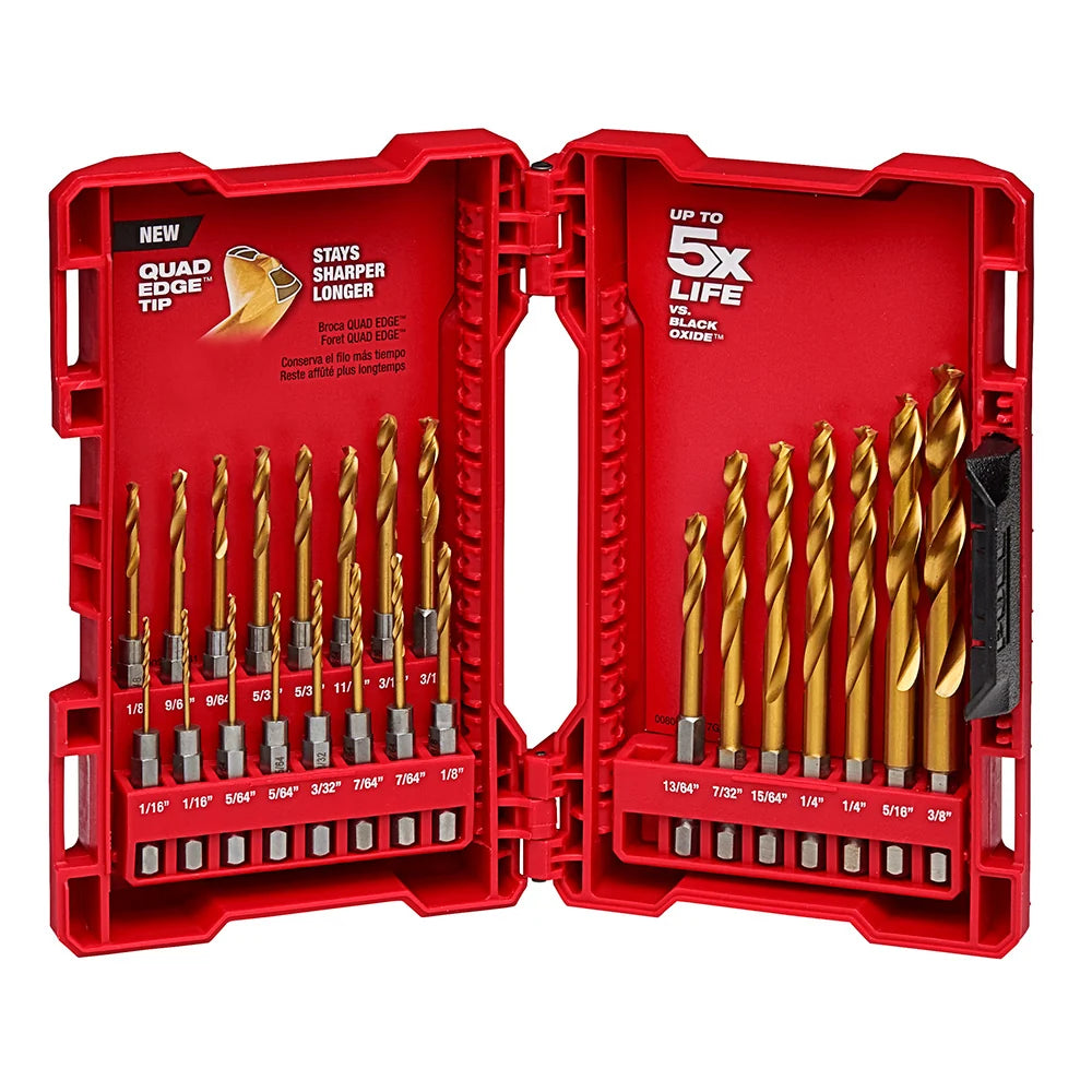 Open red drill bit set with multiple drill bits on a white background