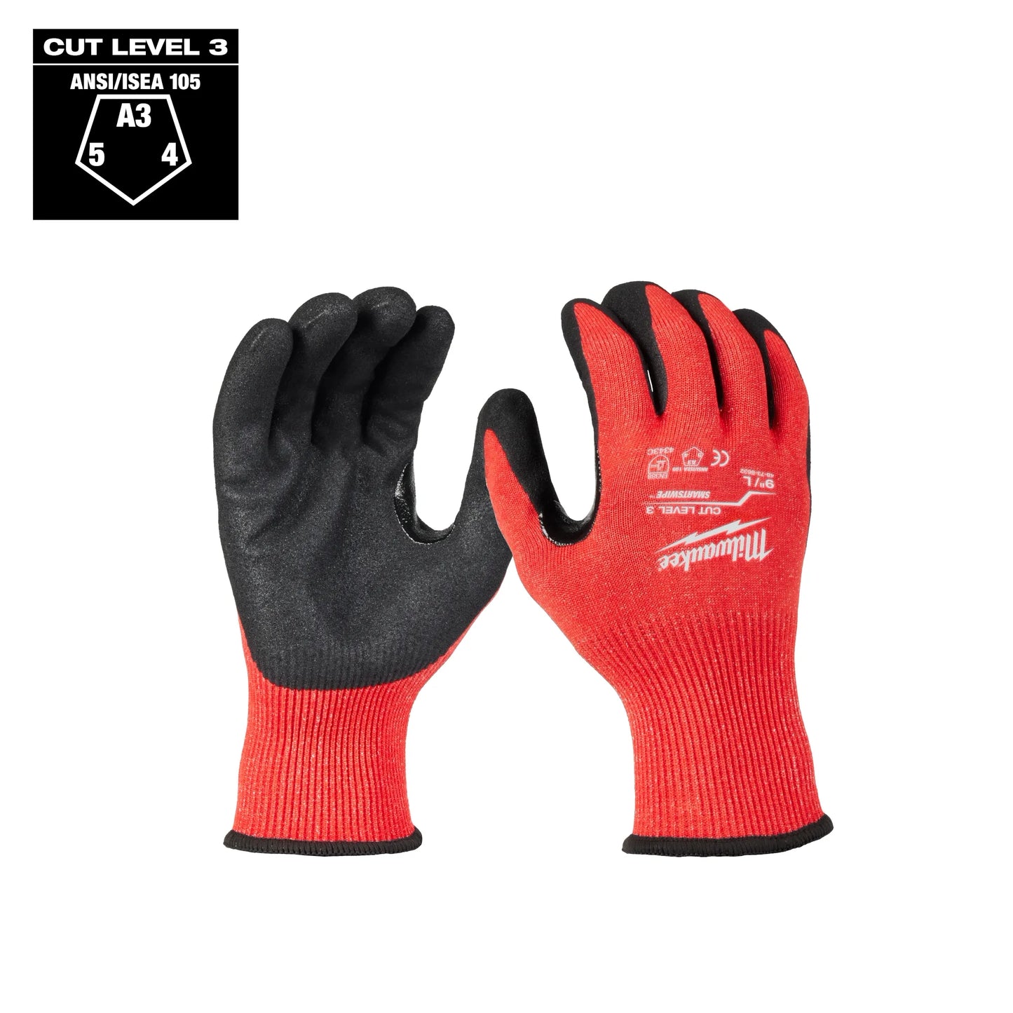 Pair of red and black cut-resistant work gloves displayed against a light gray background, showing both the palm and back sides. The gloves feature a black textured coating on the palms and fingers, red knit cuffs, and Milwaukee branding on the back. A label in the upper-left corner indicates ANSI/ISEA 105 Cut Level 3, with an A3 cut-resistance rating and performance scores shown within the shield icon.