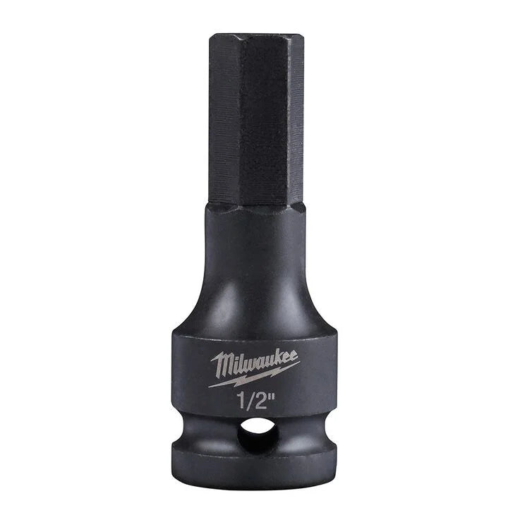 Milwaukee impact hex bit socket with a black oxide finish and a 1/2-inch hex drive tip. The impact-rated socket features a heavy-duty cylindrical body with a retaining pin hole near the base and is marked with the Milwaukee logo and “1/2".” Shown isolated on a light gray background.