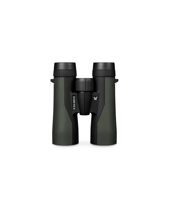 Dark green and black Vortex binoculars shown from the front, featuring a central focus wheel and a compact, rugged design against a light gray background.