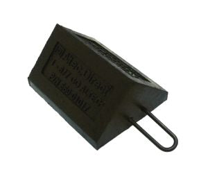Black rectangular block-shaped device with a metal loop handle extending from one end. Faint embossed text is visible on the side, and the object is shown at an angle against a white background.