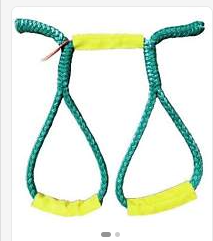 A green braided rope climbing or training harness with bright yellow padded loops at the bottom and top bar, shown on a plain white background.
