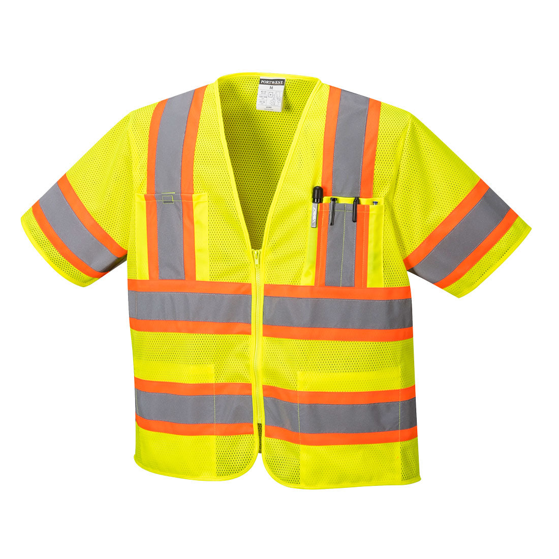 Bright yellow high-visibility short-sleeve safety vest with orange and silver reflective striping, front zipper closure, mesh fabric construction, two chest pockets, and a pen clipped in the right chest pocket, displayed on a light gray background.