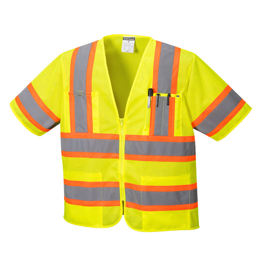 Bright yellow high-visibility short-sleeve safety vest with orange and silver reflective striping, front zipper closure, mesh fabric construction, two chest pockets, and a pen clipped in the right chest pocket, displayed on a light gray background.