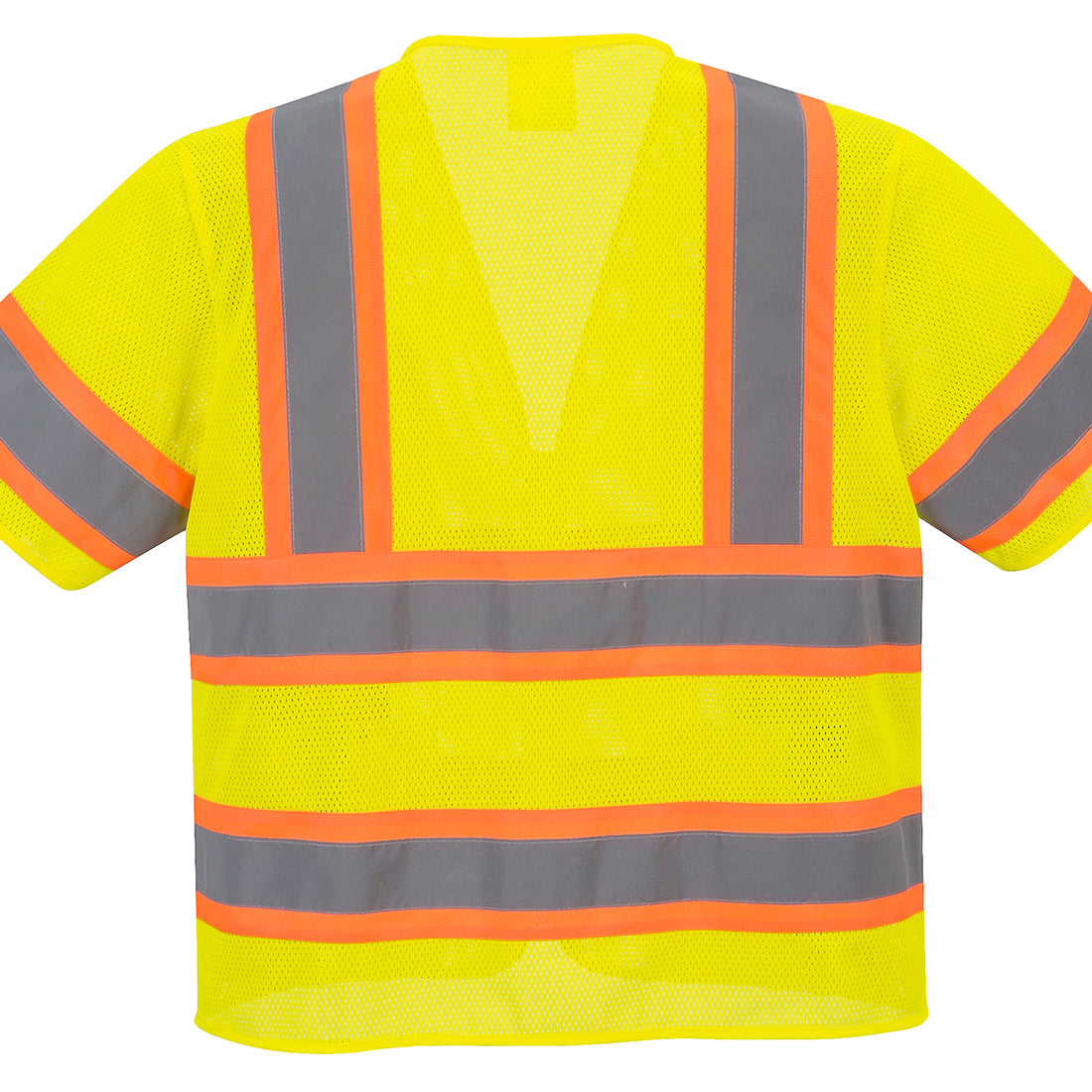 Back view of a bright yellow high-visibility short-sleeve safety vest made from breathable mesh fabric, featuring silver reflective stripes with orange trim running vertically over the shoulders, around the sleeves, and horizontally across the torso. The vest is displayed against a light gray background.