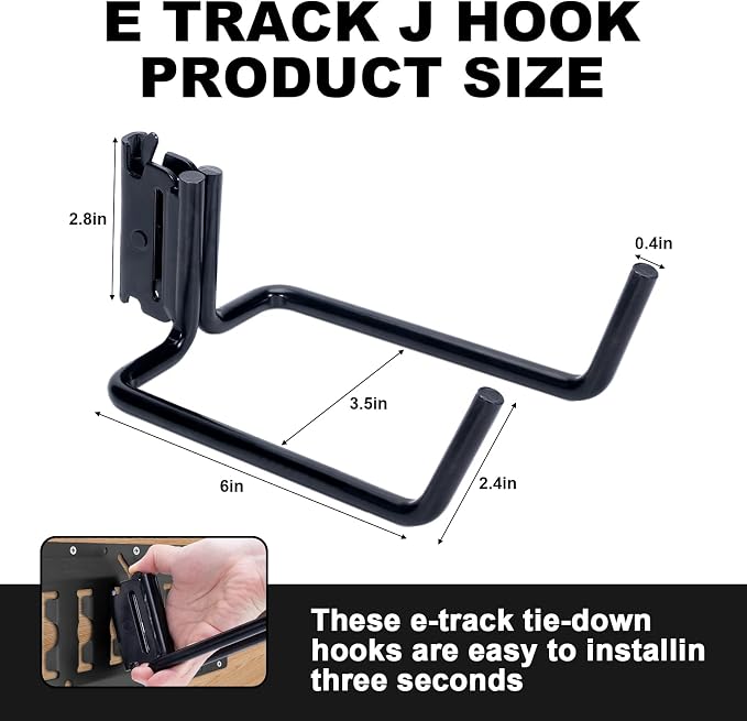 Black steel E-track J-hook attachment shown with dimensional measurements on a light gray background. The hook features an E-track mounting bracket on one end and a rectangular J-shaped hook formed from round steel rod. Measurement callouts indicate approximate dimensions of 6 inches long, 3.5 inches wide, 2.4 inches deep, and 2.8 inches high, with a rod diameter of 0.4 inches. Large text at the top reads “E TRACK J Hook Product Size.” An inset image in the lower-left corner shows the hook being installed i