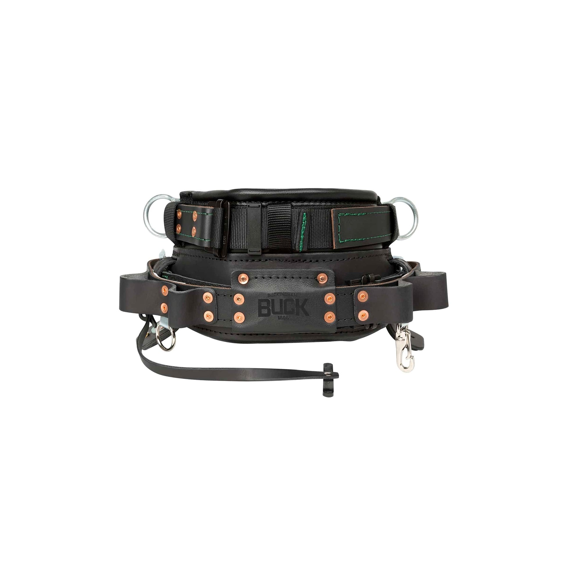 Black leather lineman’s or arborist’s positioning belt with a padded waist section, adjustable webbing strap, multiple metal D-rings, tool attachment loops, and hardware for carrying safety equipment. Copper-colored rivets reinforce the leather components, and a black embossed “BUCK 1896” logo is centered on the back panel. The belt is displayed against a plain light gray background.