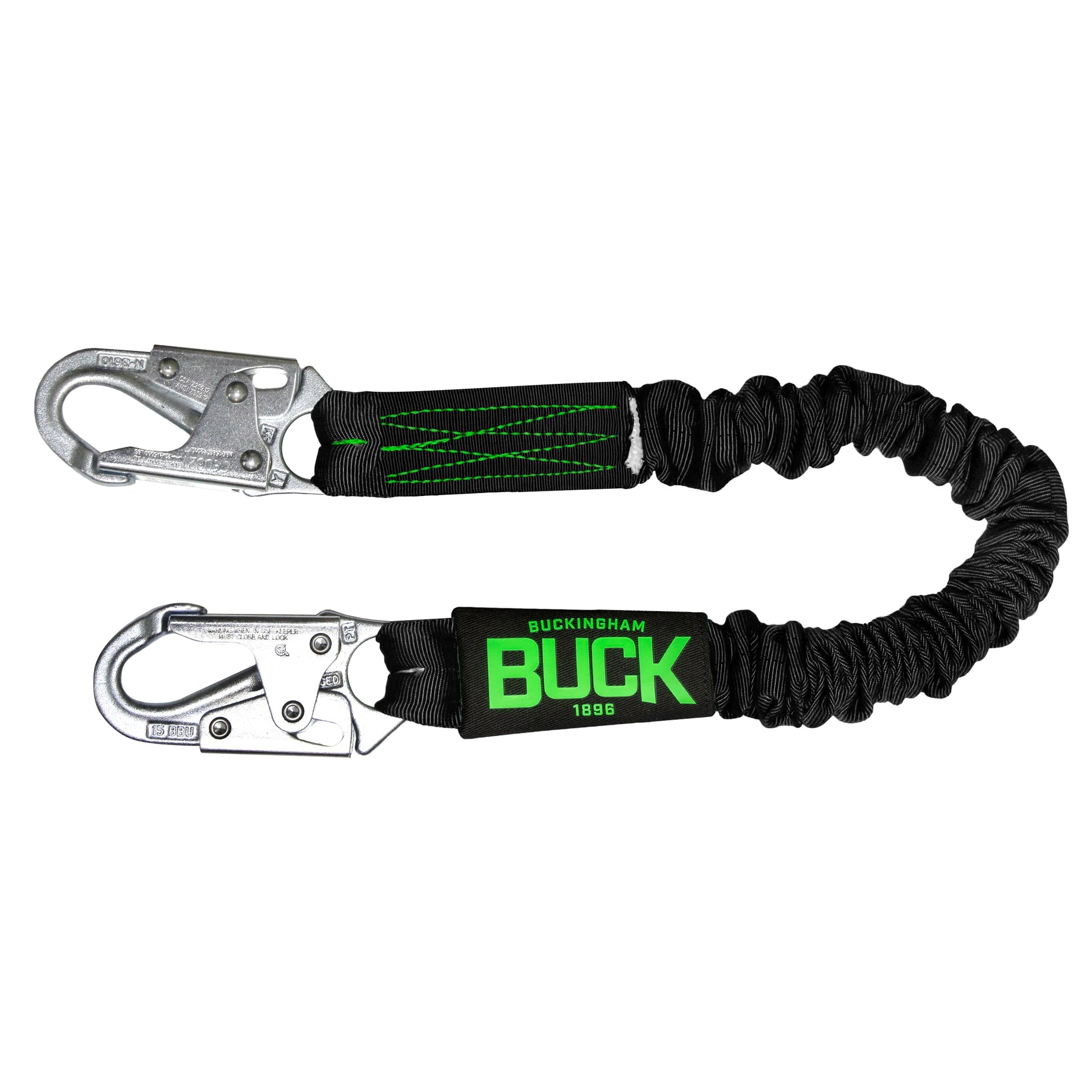 Elastic shock-absorbing safety lanyard with two silver self-locking snap hooks connected by a black webbing strap, displayed against a light gray background. The lanyard features an integrated energy absorber covered by a black sleeve with bright green “BUCK” and “Buckingham 1896” branding, along with green stitching accents. Designed as a fall-protection component for utility, construction, and climbing applications.