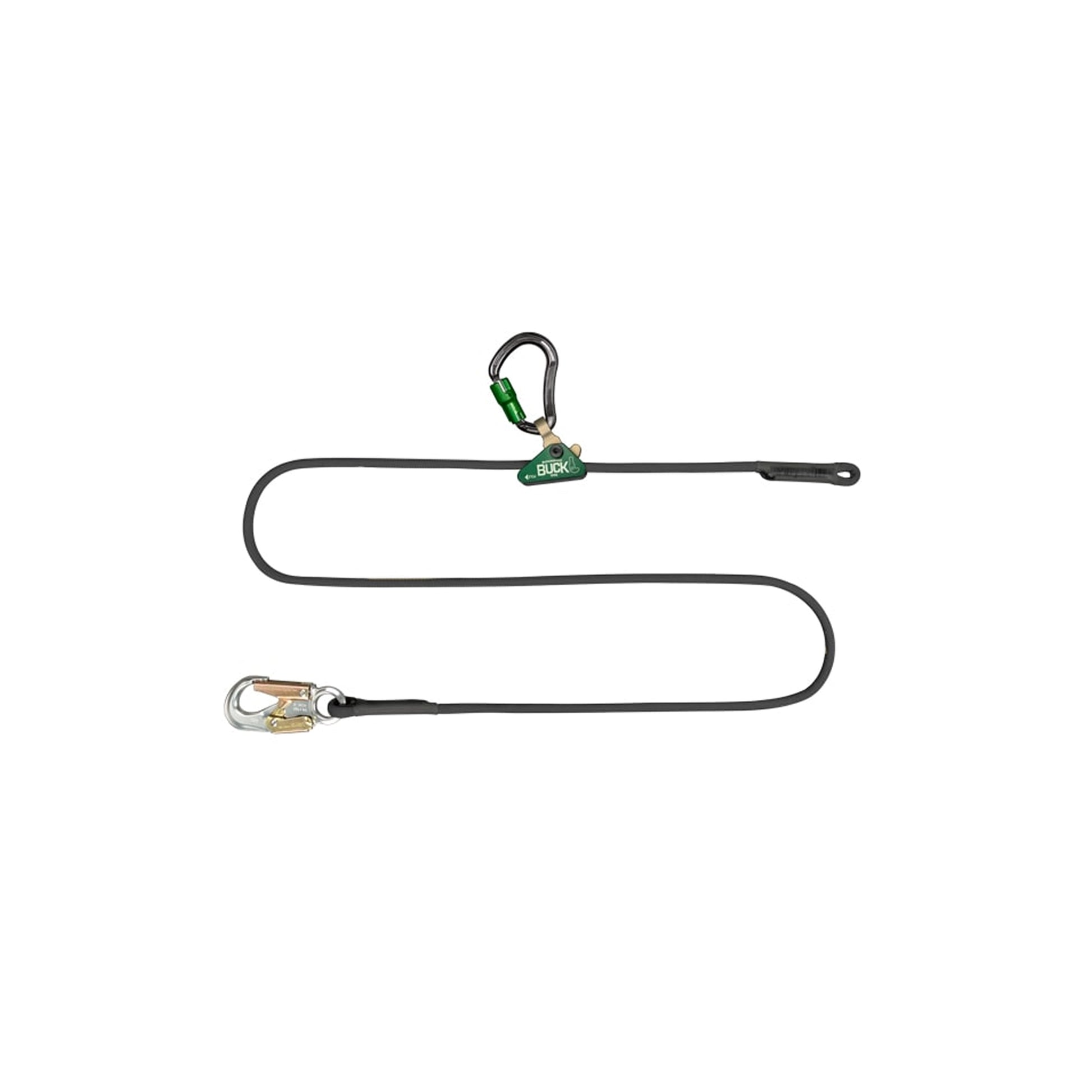 Black adjustable safety lanyard made from coated cable, featuring a locking carabiner with a green sleeve, a green BUCK-branded rope grab device, and a metal snap hook at the opposite end. The lanyard is laid out in a looped shape against a plain light gray background
