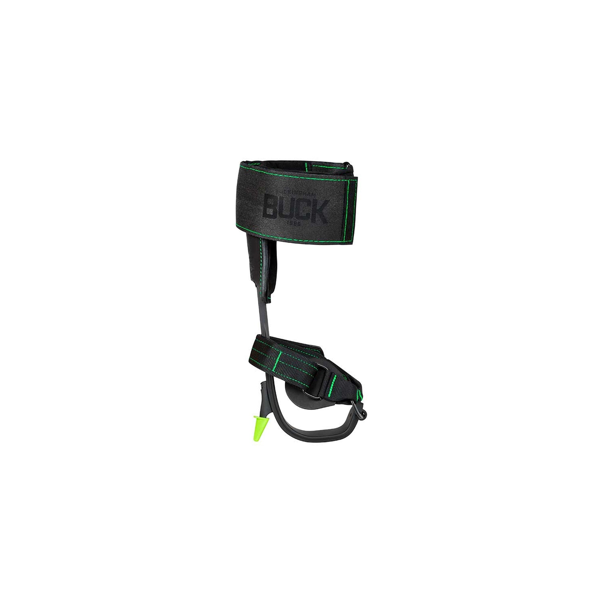 Black wrist-mounted climbing or utility hook featuring a padded cuff with green stitching and the “BUCK 1896” logo, an adjustable strap, and a curved metal hook attachment. A bright green protective tip covers the end of the hook. The product is displayed against a plain light gray background.