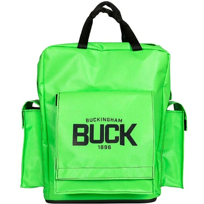 Bright green utility backpack with black carrying handles and multiple exterior storage pockets. The front flap features the black “BUCKINGHAM BUCK 1896” logo, and side pockets are visible on both sides. The bag is shown against a plain light gray background.