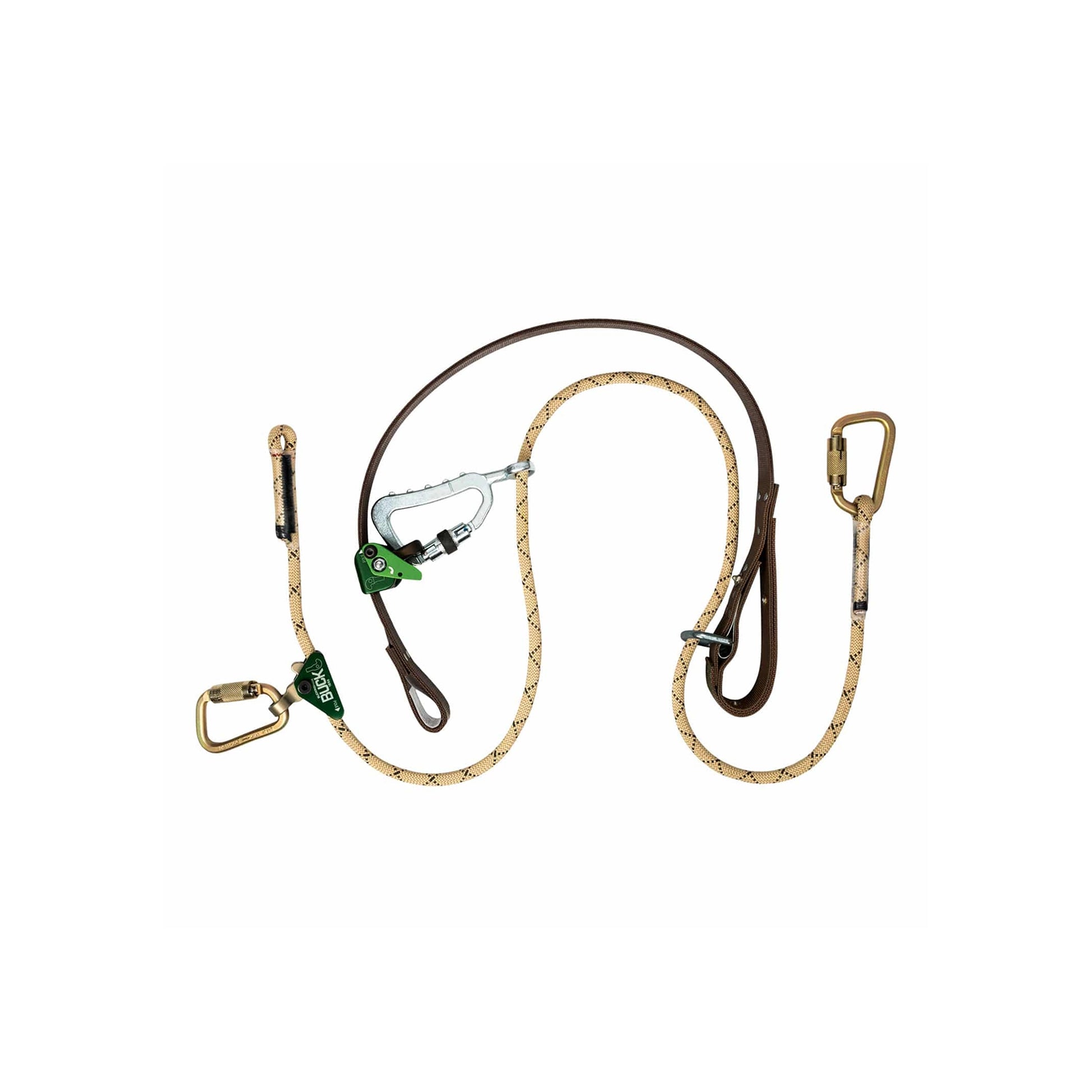 Work-positioning lanyard assembly featuring a tan rope with black flecks, two locking carabiners, a green BUCK-branded rope adjuster, and brown leather wear pads. The rope is arranged in loose loops to display the full length of the equipment against a plain light gray background