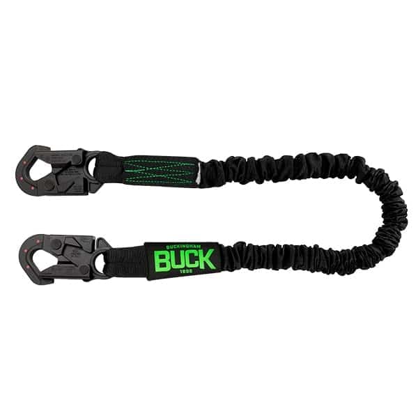 Black elastic tool lanyard displayed on a light gray background, featuring two black locking carabiner-style clips connected by a stretchable cord covered with a gathered black protective sleeve. One end includes a woven strap with green stitching, while the other end features a black label with bright green text reading “Buckingham BUCK 1896.” The lanyard is shown in a looped configuration, highlighting both attachment clips and the expandable tether design.