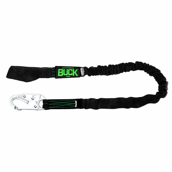 Black dog leash with green 'Buck' branding on a white background