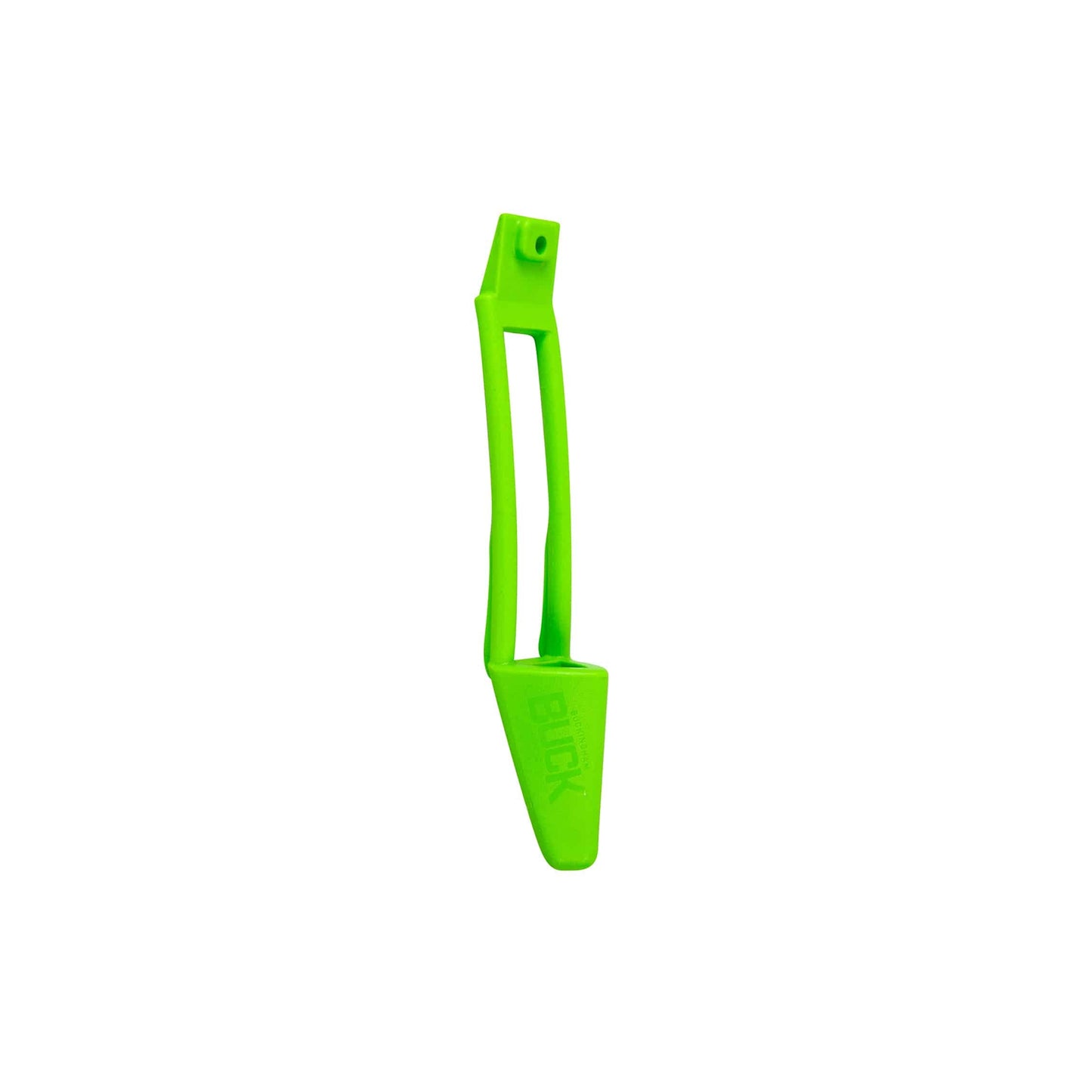 Bright green molded plastic accessory with an elongated open-frame handle and a tapered wedge-shaped end. A circular mounting hole is located at the top, and a faint “BUCK” logo is visible on the lower section. The item is shown upright against a plain light gray background