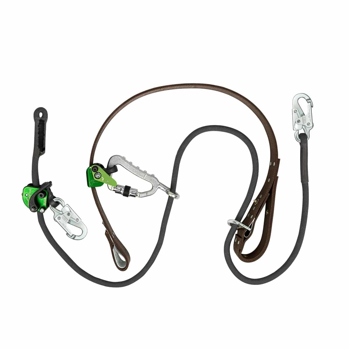 Work-positioning lanyard assembly displayed on a light gray background. The safety device features a brown leather strap and a black rope connected to multiple silver metal snap hooks and carabiners. Two green-and-silver mechanical adjustment devices are attached along the line, allowing length adjustment and positioning. The lanyard is shown arranged in looping curves, with all connectors, adjustment hardware, and attachment points visible.